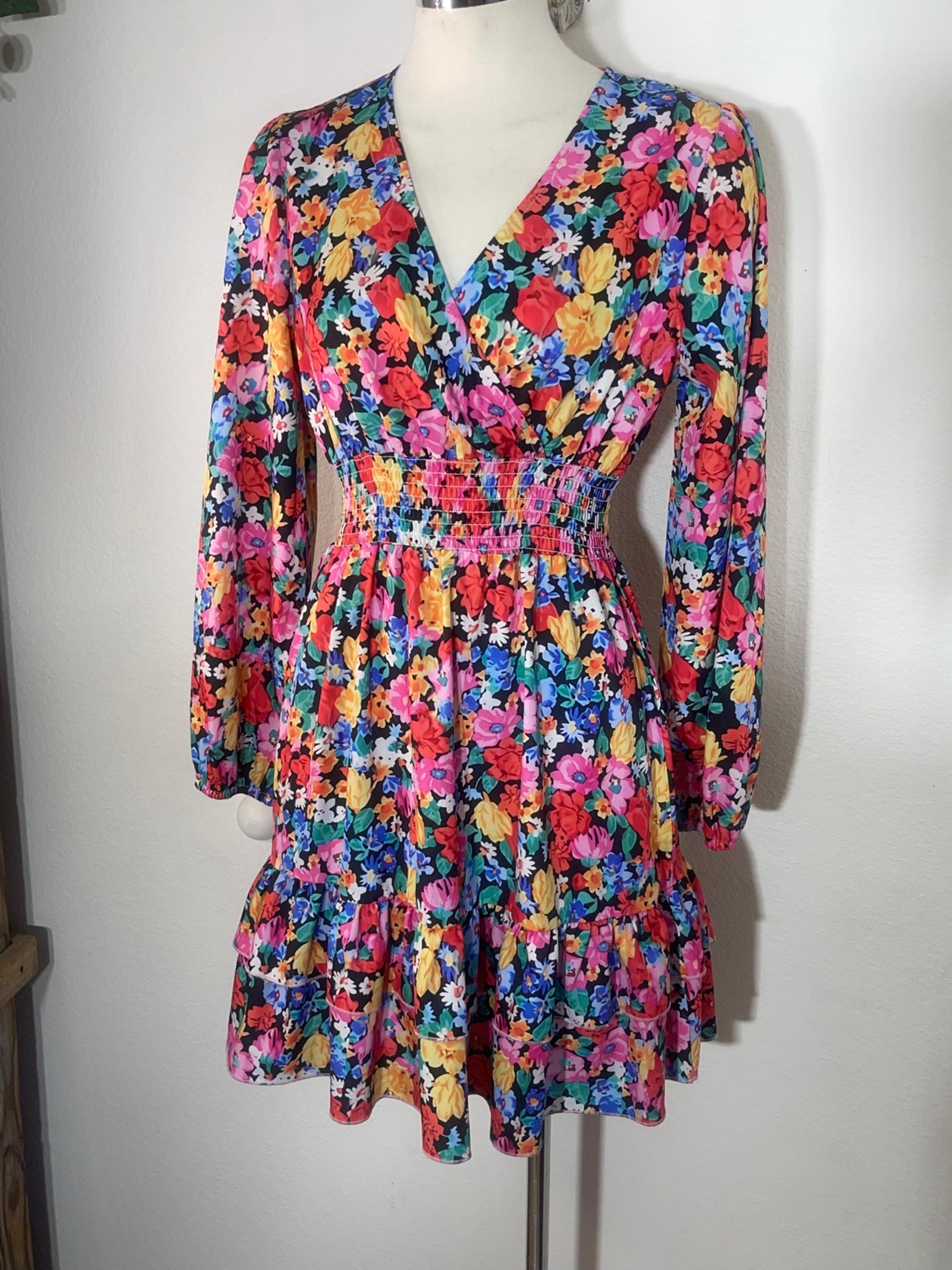 Floral V Neck Long Puff Sleeve Boho Peasant Ruffle Mini Dress Size Small Hippie