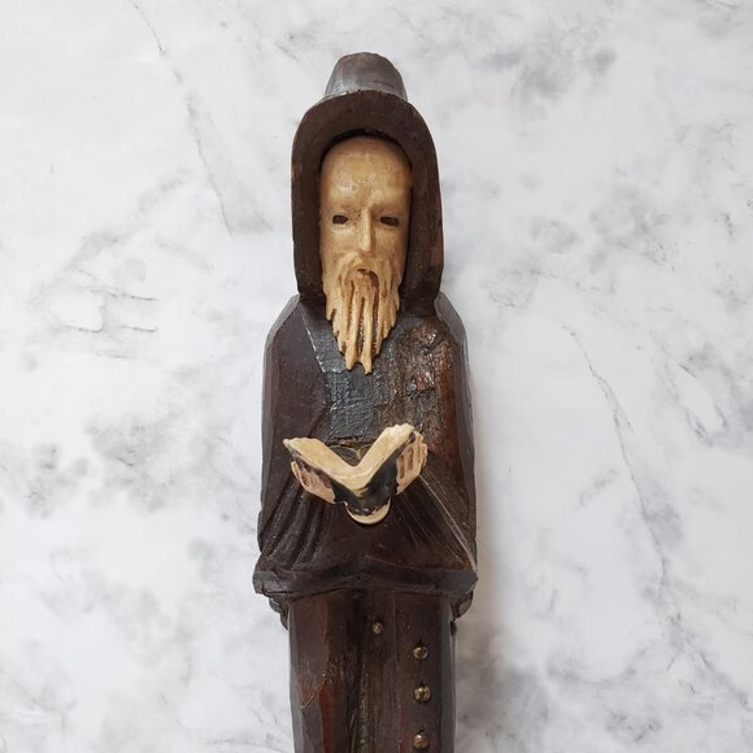 MCM Religious Old Man Hooded Robe Book Vintage Hand Carved Wood Statue