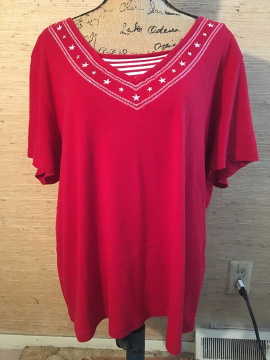 Karen Scott Woman Red w/Stripes/Embroidery/Studding Tunic Top Size 2X