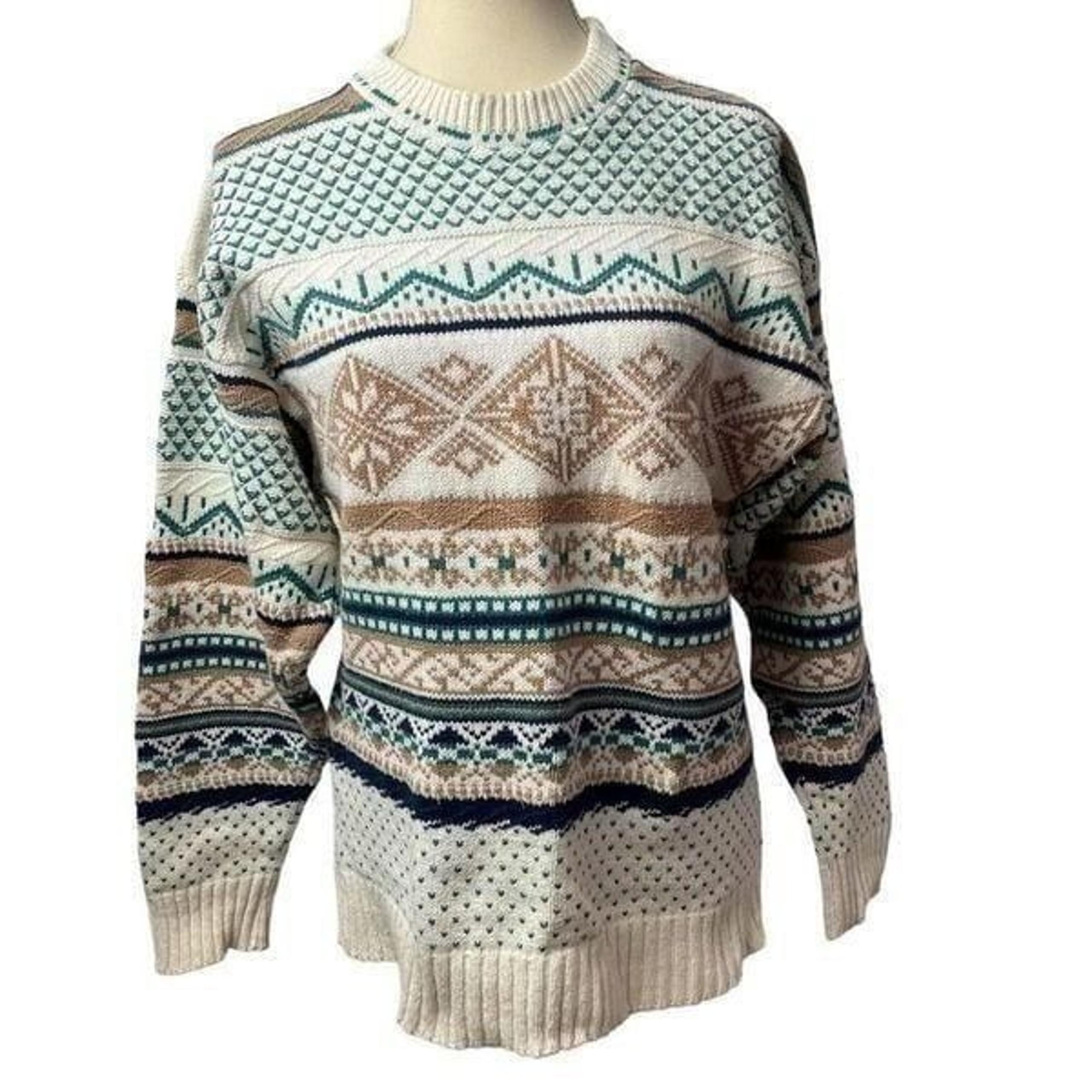 John Weitz Creak Brown Blue Crew Neck Knitted Tribal Sweater 100% cotton size M