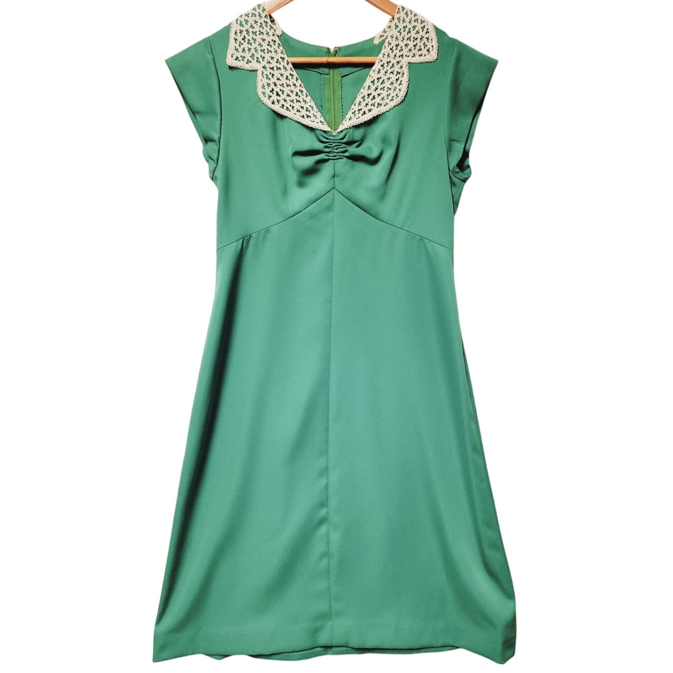 Vintage Kelly Green Midi Dress Handmade Lace Collar Modest Retro Church Size S