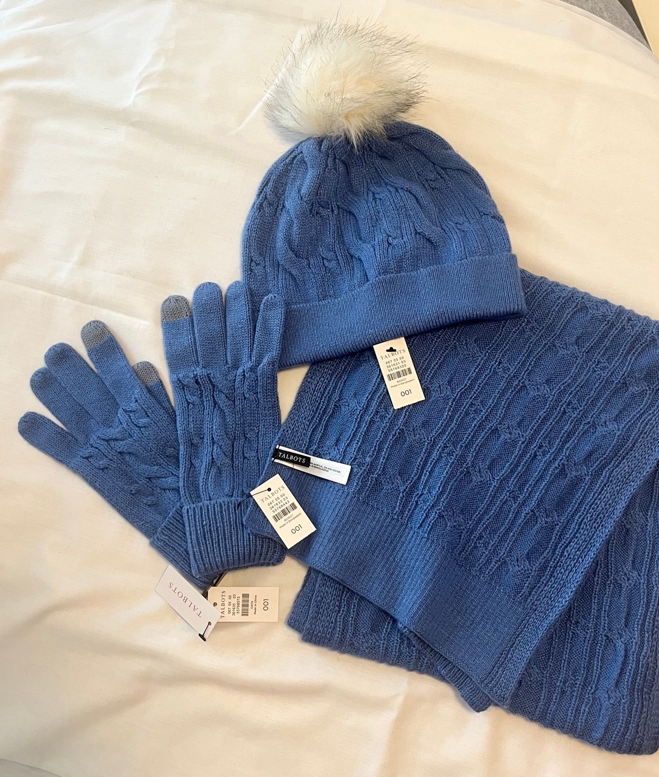 New Talbots Blue Supersoft Knit Hat, Gloves, Scarf Bundle NWT
