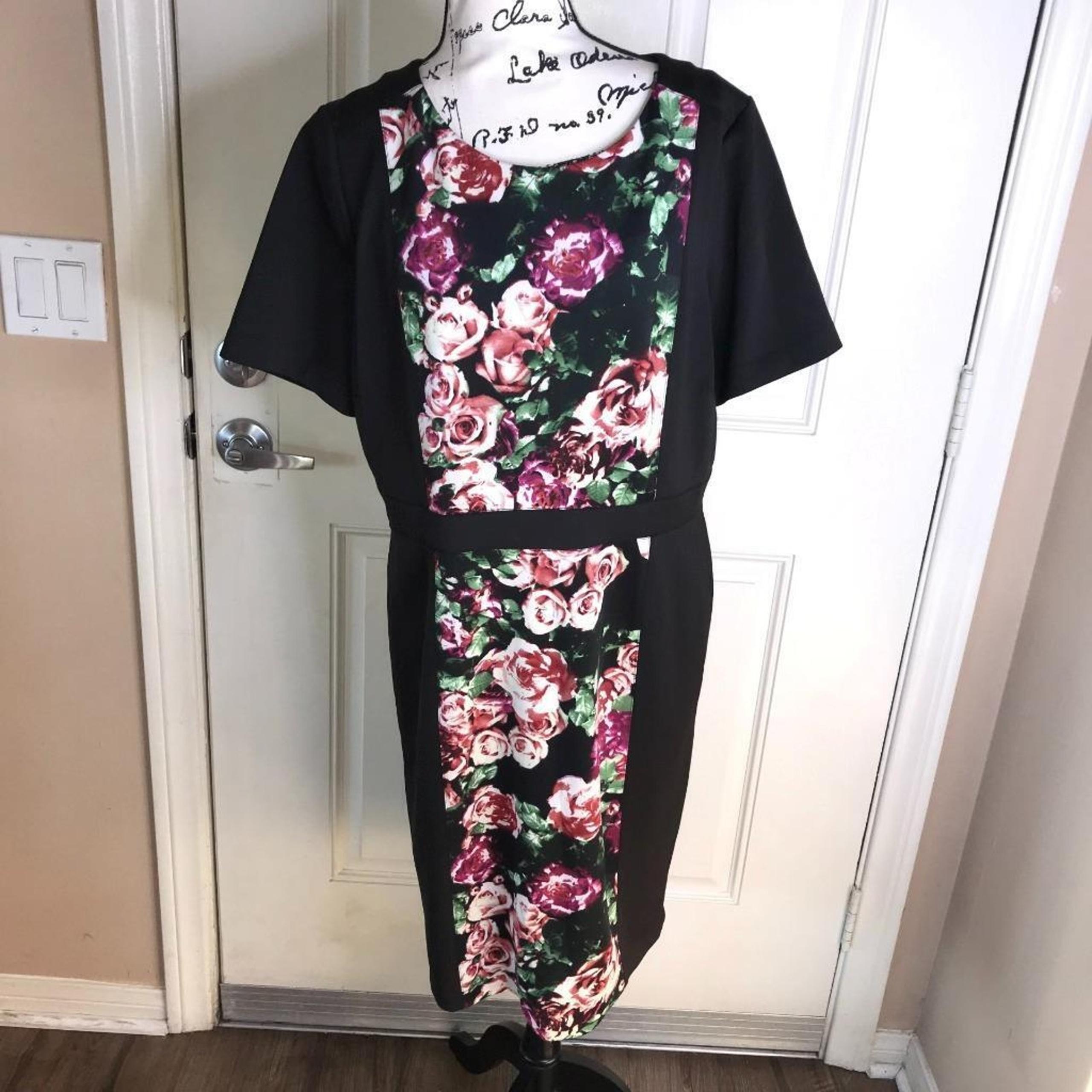 NYDJ Women's Gisselle Floral Print Sheath Dress Black ~ Size 16