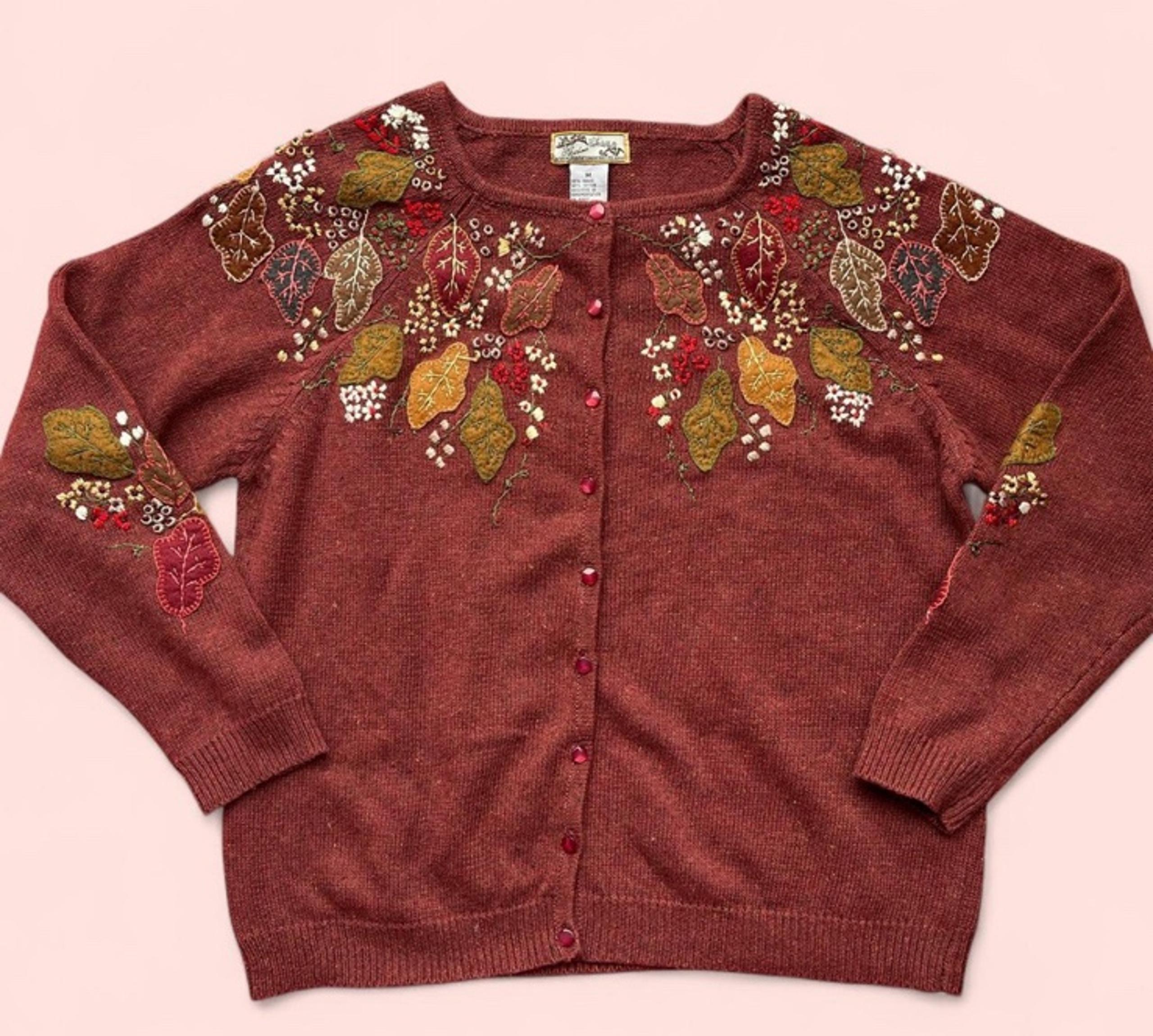 Heirloom Collectibles size M Embroidered autumn leaf cardigan sweater