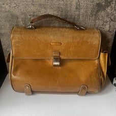 Piquadro Leather Blue Square Computer Briefcase Flapover Tote Travel Tan