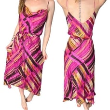 Nine West Linen/Silk Dress Women 8 Belt Pink Cami Maxi Asymmetrical Hem Coastal
