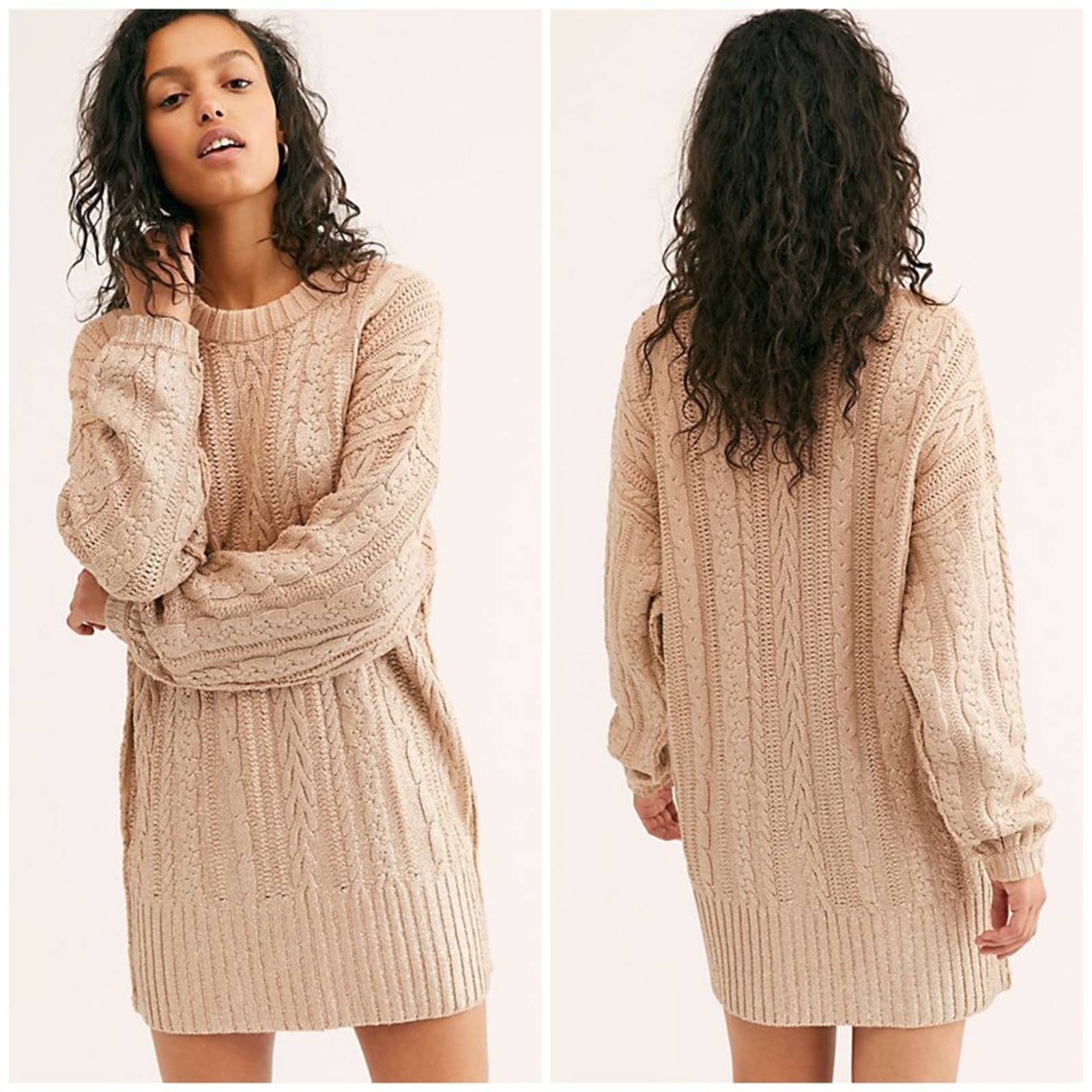 Free People Womens Good As Gold Cable Knit Sweater Dress Size Small Oversized