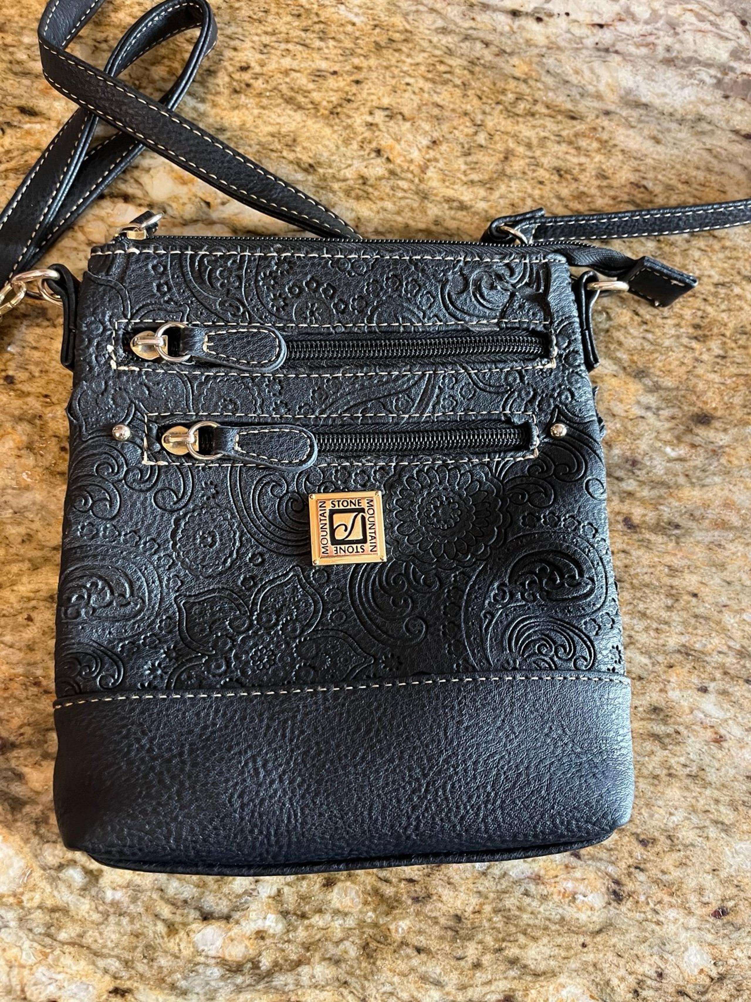 Stone Mountain-embossed black faux leather crossbody purse bag -repaired