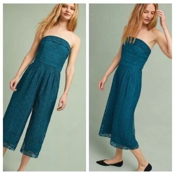 NWT Anthropologie Greylin Stowe Lace Jumpsuit Teal Strapless Wide Leg Size Petit