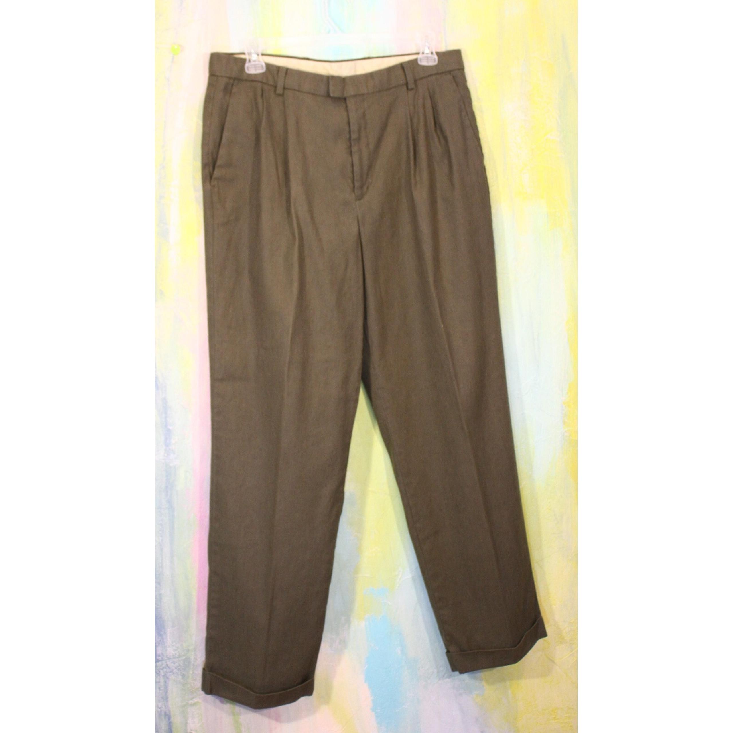 38 Irish Linen Mens Pants Olive Green DOCKERS Recode Pleated Cuffs Baggy Stretch