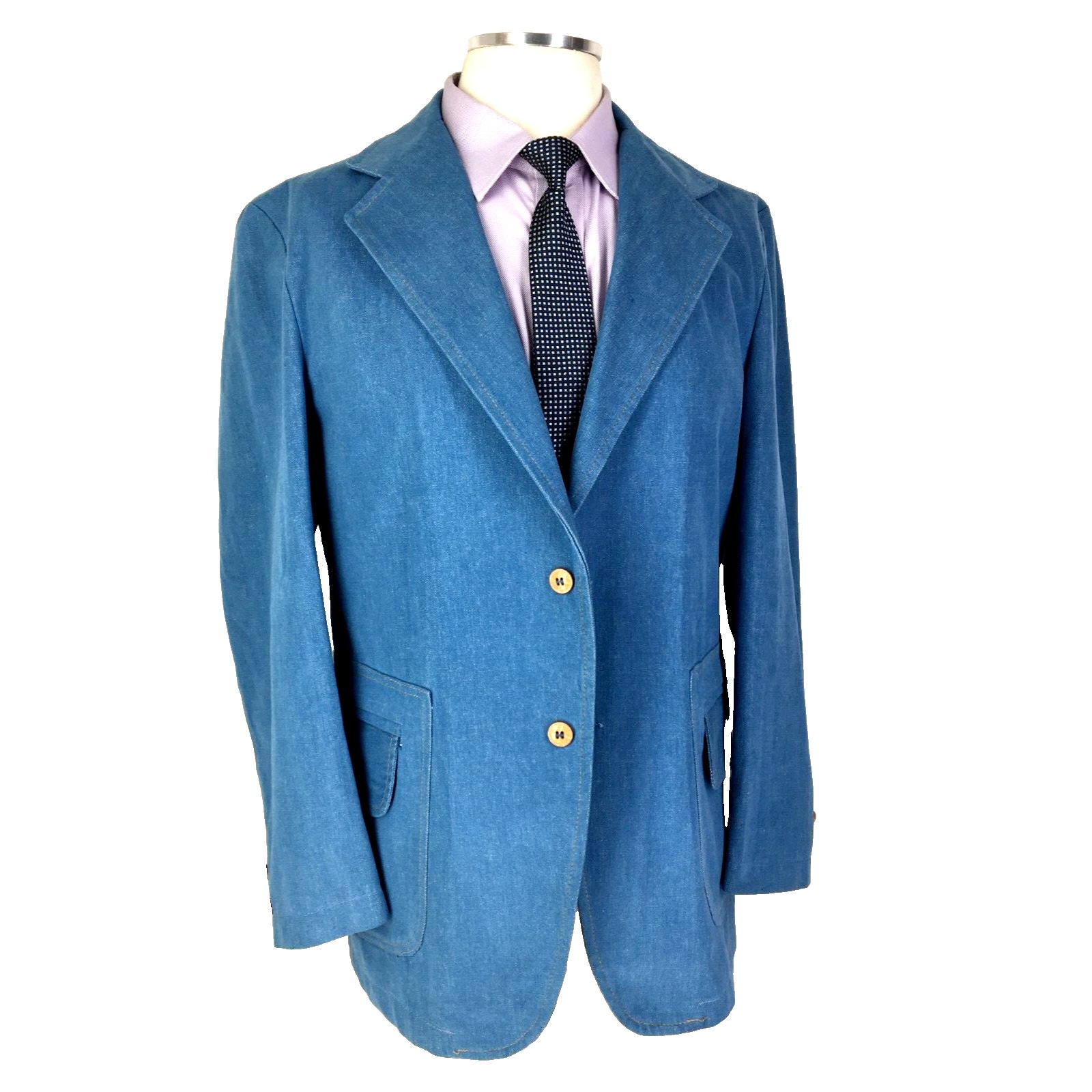 (M) John Blair USA Mens 1970s Vintage Cotton Soft Denim 2 Bttn Blazer Sport Coat