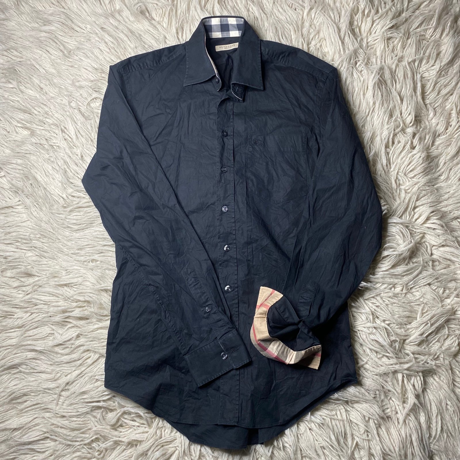 Burberry Brit Mens Navy Long Sleeve Button Shirt Nova Check Cuff Classic Fit SM,
