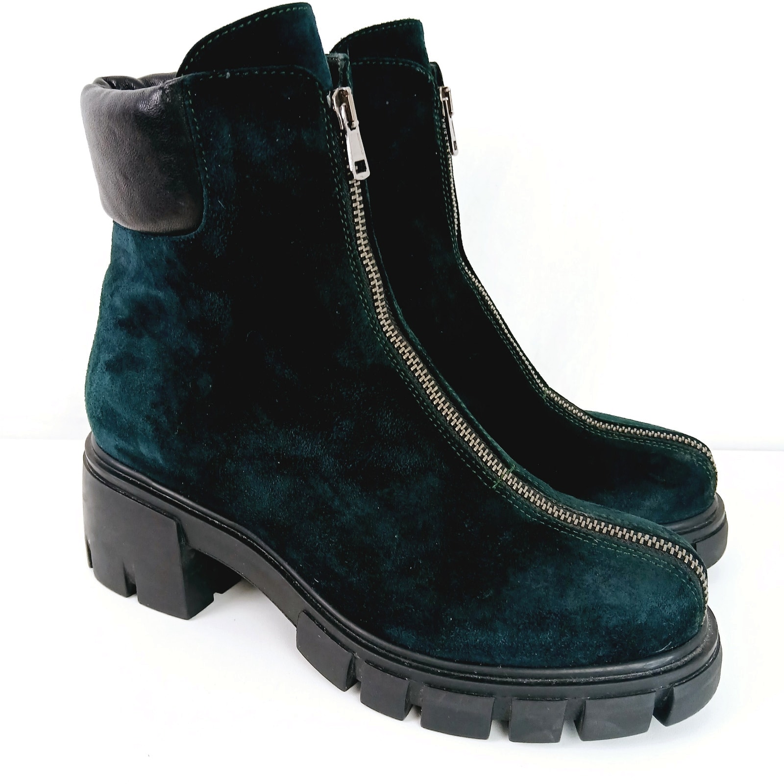 L'Idea by Lori SZ 8.5 Center Zip Emerald Green Suede Italian Lug Sole Boots 379
