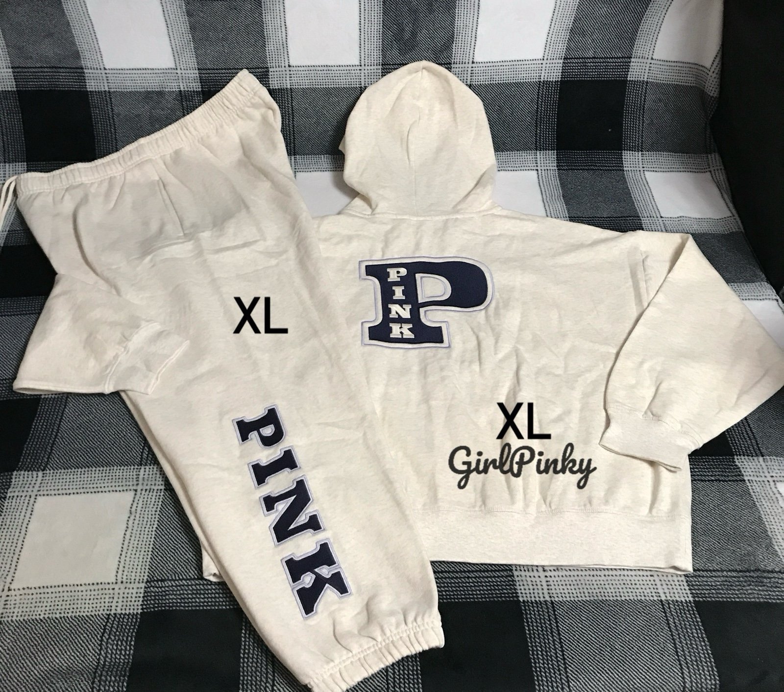 VS PINK SWEATPANTS OUTFIT & FULL ZIP LOGO HOODIE IN NATURAL HEATHER IN SIZE XL