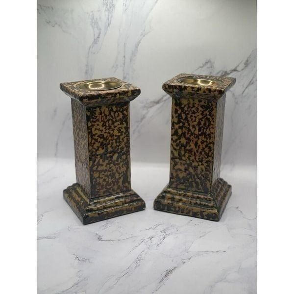 Vintage MCM Set of 2 Tortoise Pillar Candle Holders Wood Brass 6 & 6.25 Tall