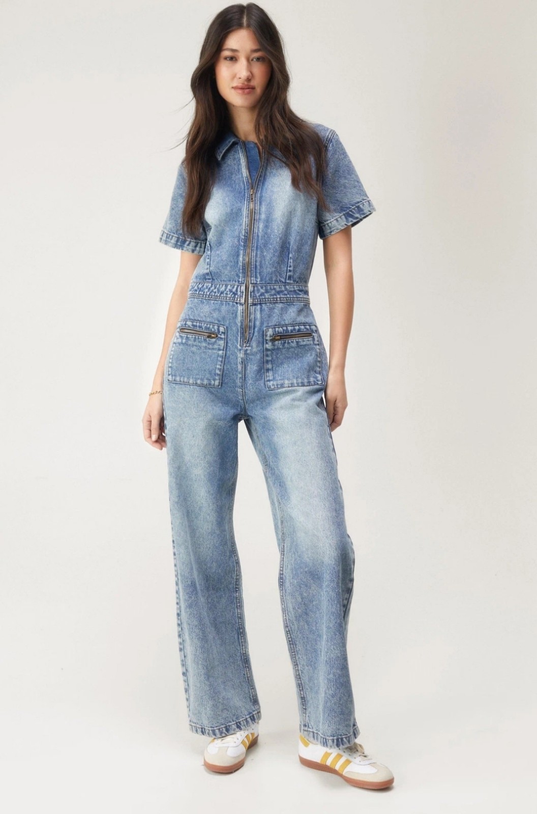 Nastygal Womens Denim Jumpsuit Casual Blue Zip Front Short Sleeve Relaxed Sz 6