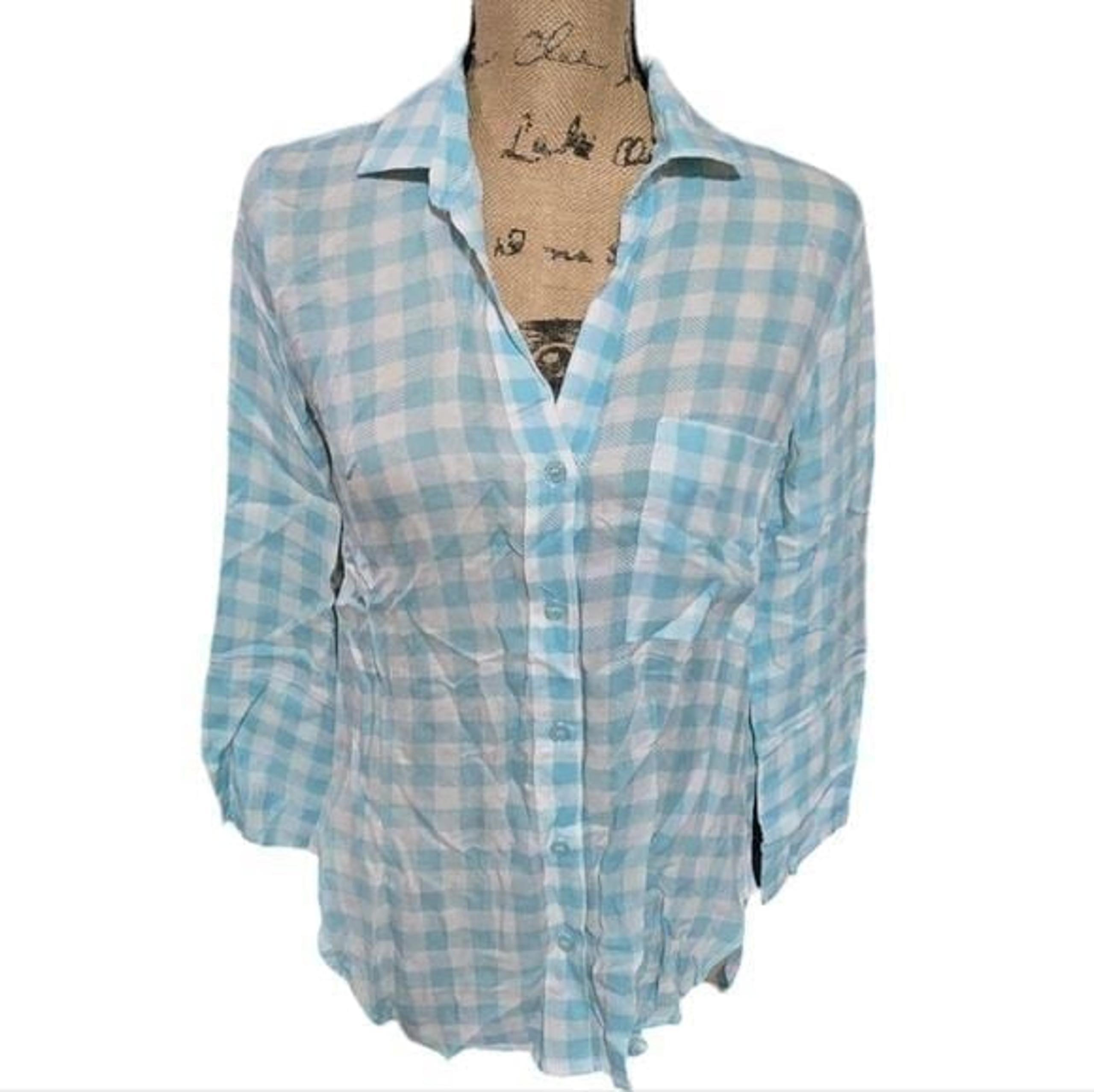 Bella Dahl Blue and White Plaid Lightweight Slightly Sheer Button Down Shirt XS