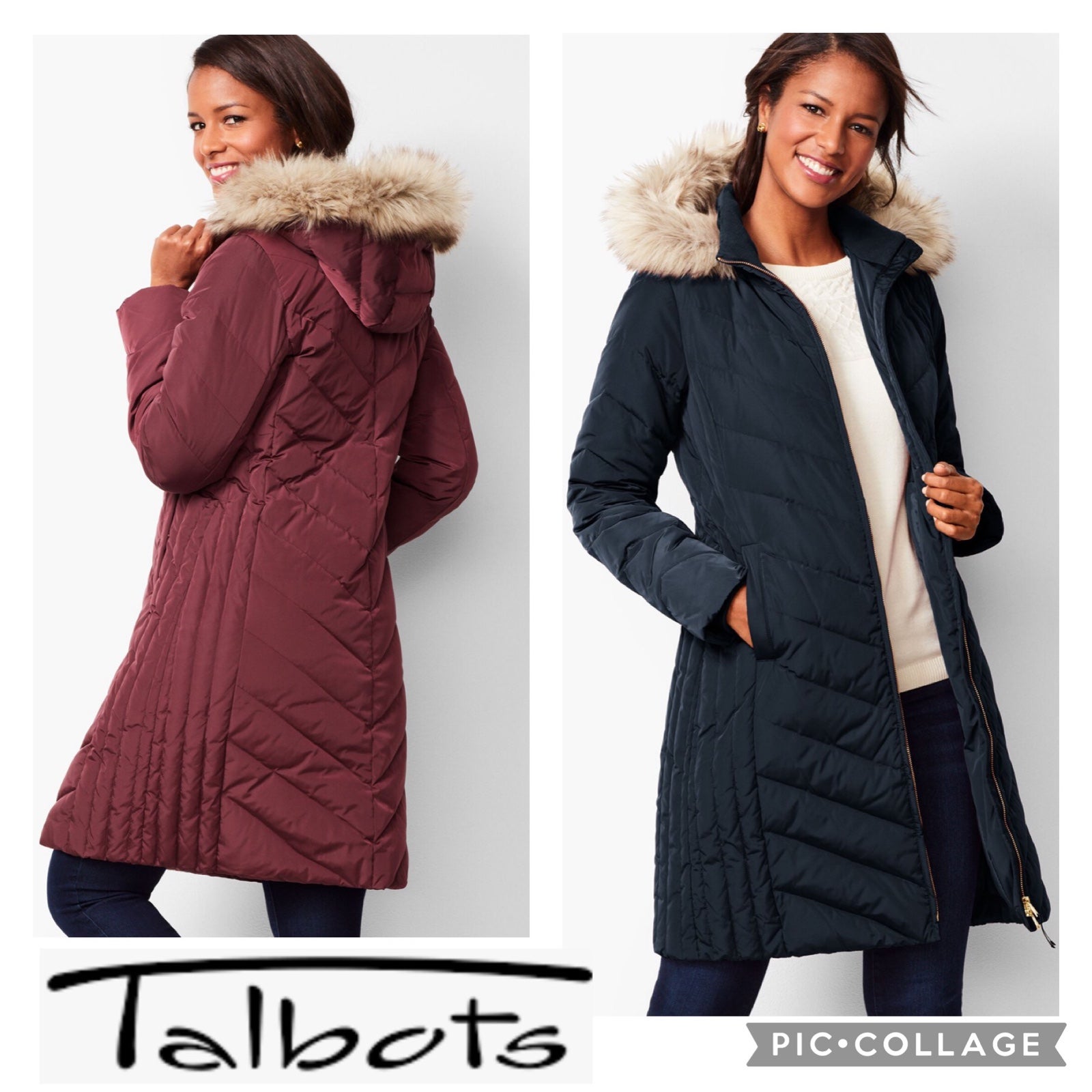 TALBOTS Down Puffer Coat in navy with fur trimmed hood size medium