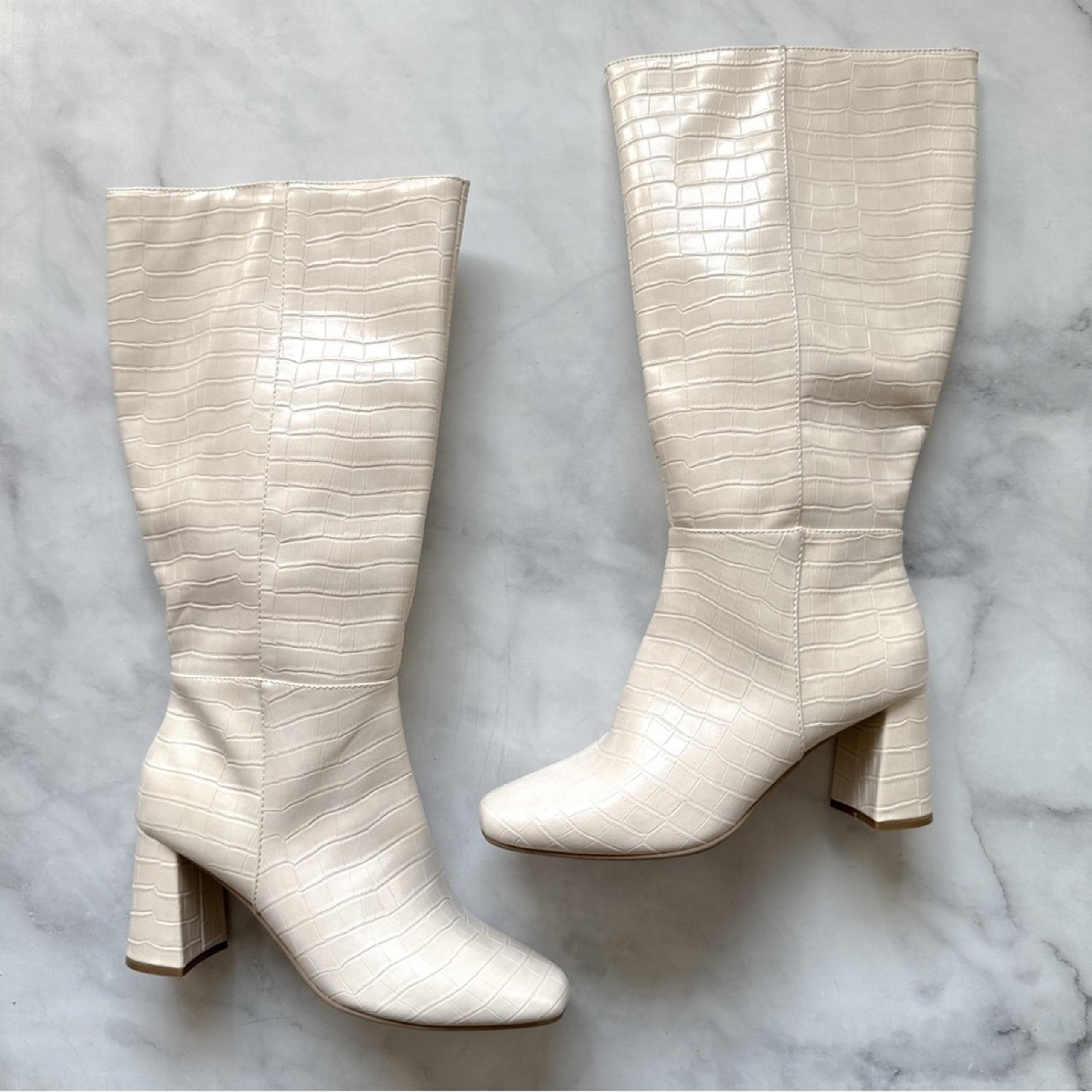 NEW Forever 21 Wide Fit Croc Vegan Leather Tall Block Heeled Boots Minimalist 12