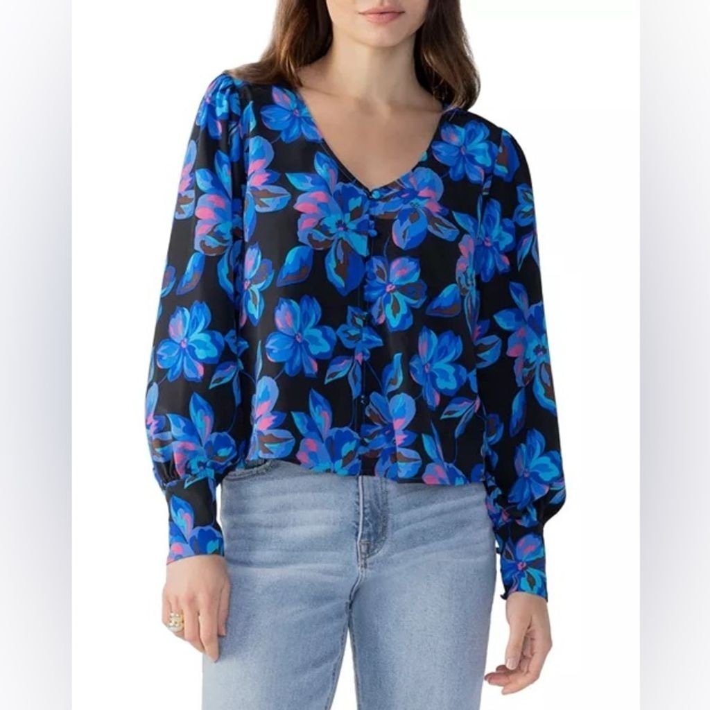 Sanctuary Everyday Floral Printed Button Up Front Blouse Black Blue Pink M NWT