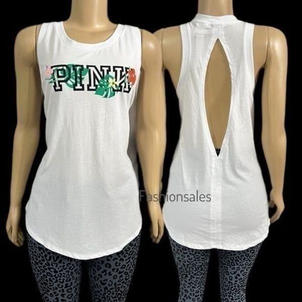 Victoria’s Secret Pink Floral Logo Racerback Open Back White tank top Large