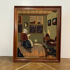 Vintage Framed “La Lecture Neeedlepoint Embroidery Art Dutch Painting Style