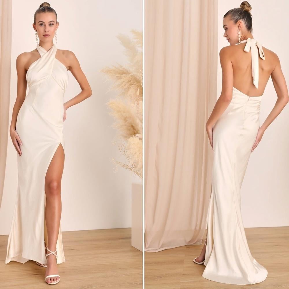 LULU's Bridal Champagne Ivory Satin Backless Elegant Sophisticated Mermaid Gown