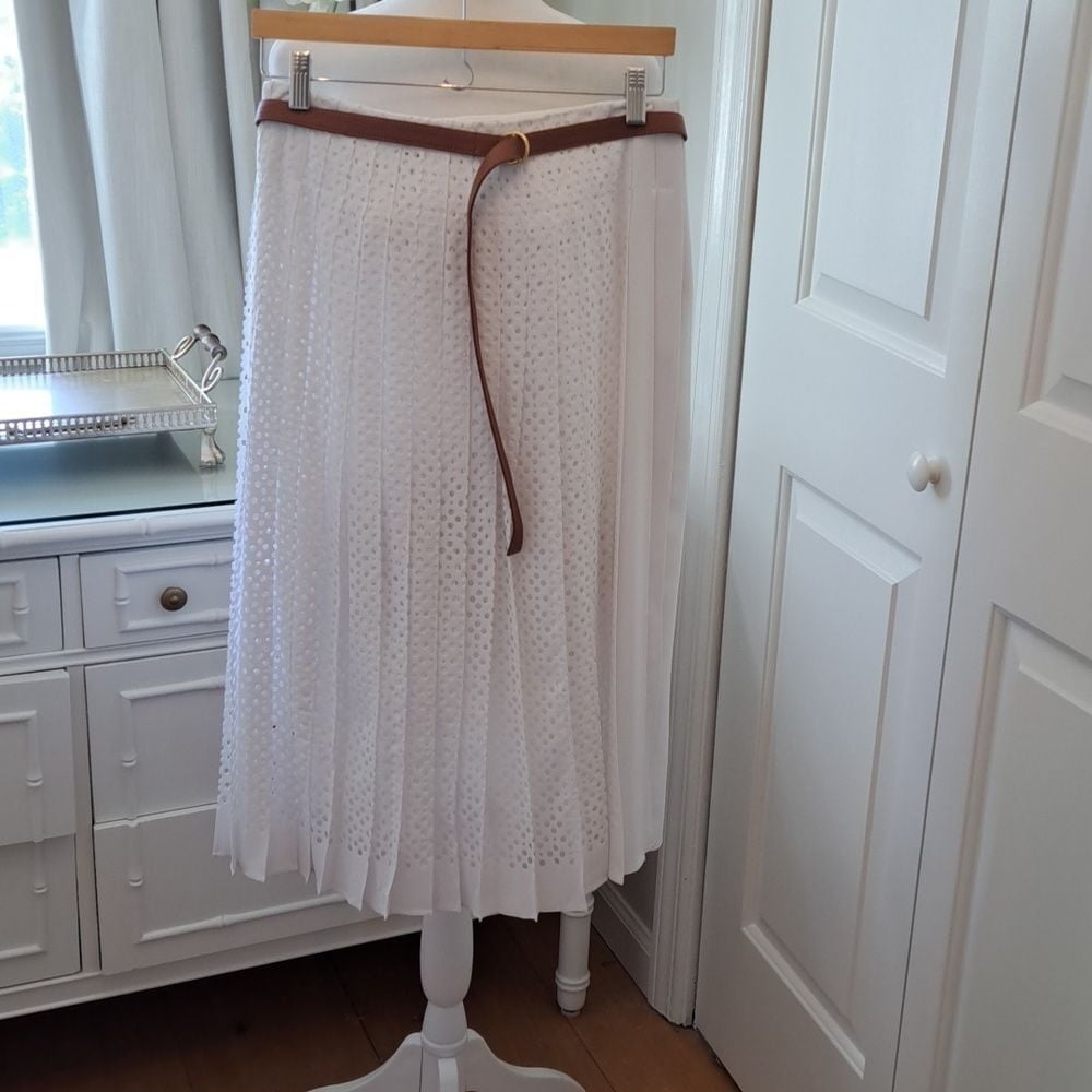 Tory Burch Womens White Carine Laser Cut Pleated Midi Skirt Lined Belt Size 6