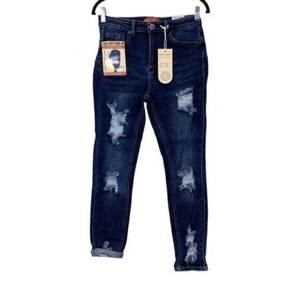 Wax Jean Womens Size 7/28 Dark Blue Distressed High Rise Push Up Capri Jeans