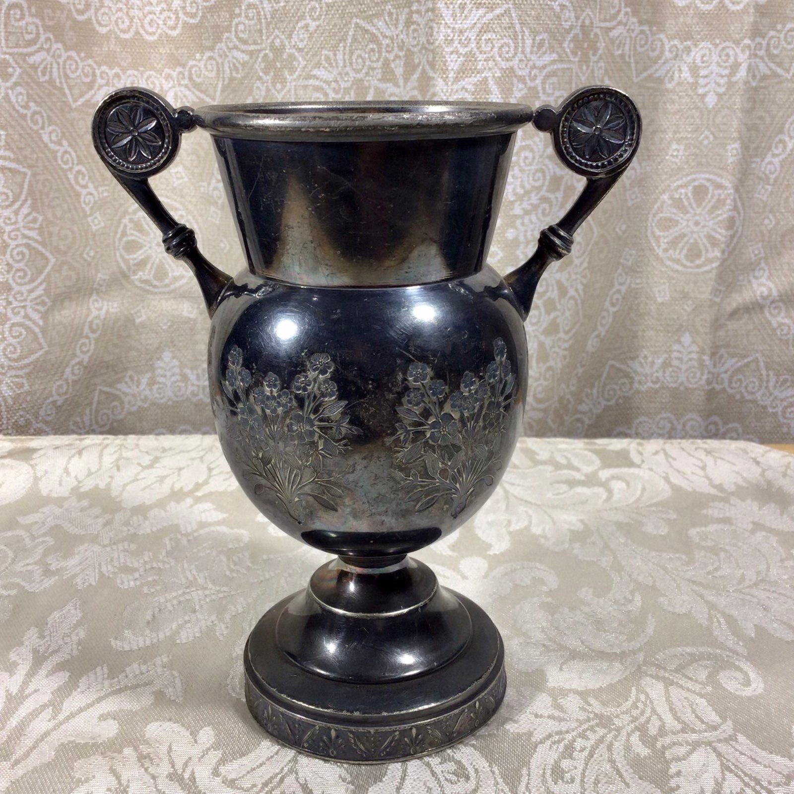 Antique Etched Floral James W Tufts Boston Quadruple Plate Handled Vase Goblet