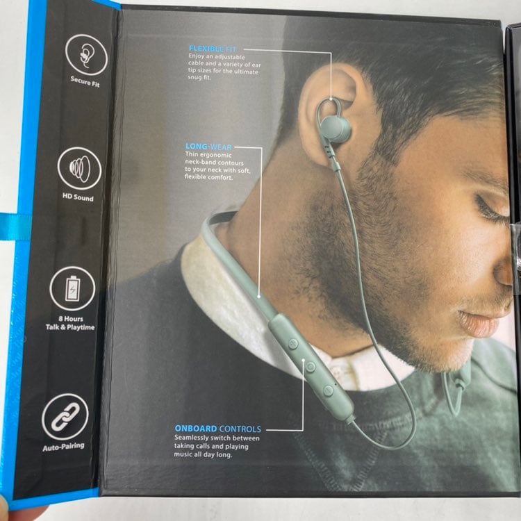 Brookstone Flexvibe wireless neckband earbuds noise reducing and secure fit