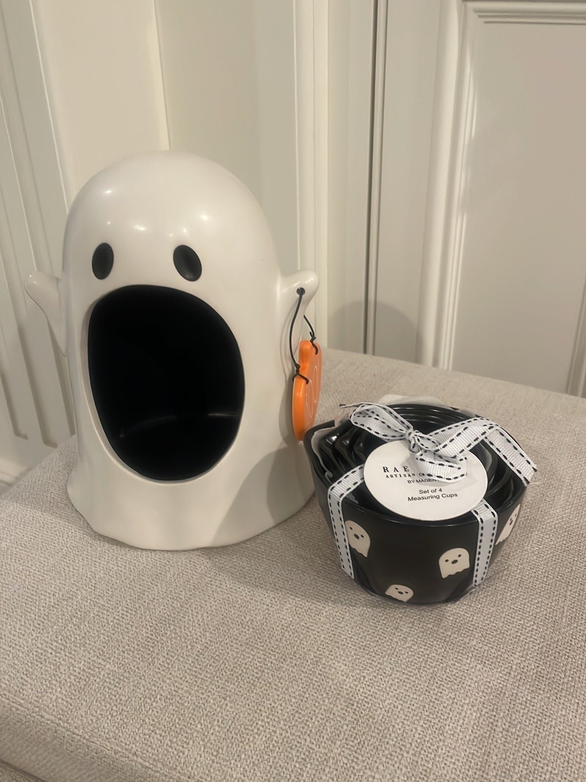 Rae Dunn Ghost Measuring Cups & Ghost Wide Mouth Candy Holder Bundle.