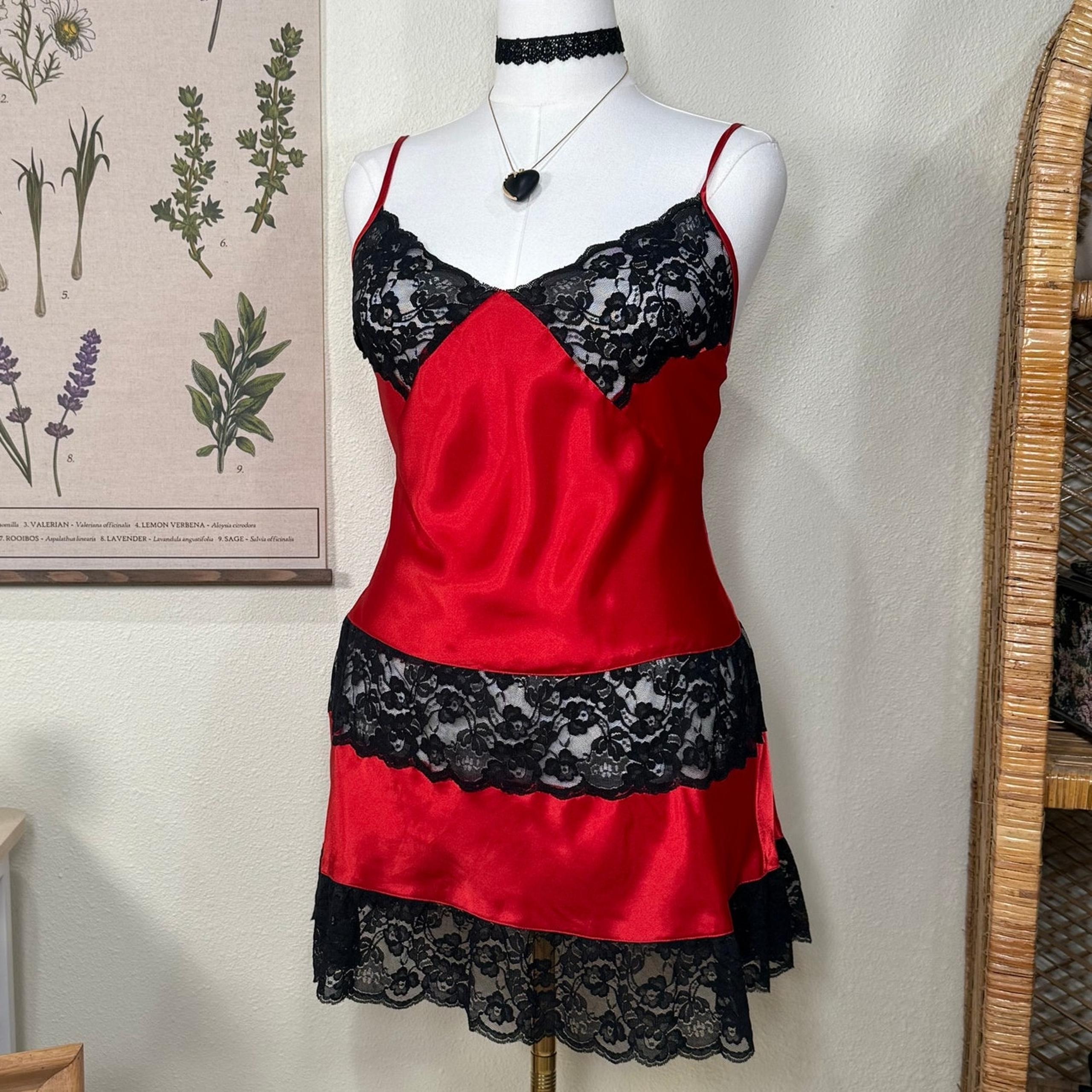 Vintage 90s Y2k Red Satin Black Sheer Lace Slip Dress Sexy Romantic Goth Pinup M