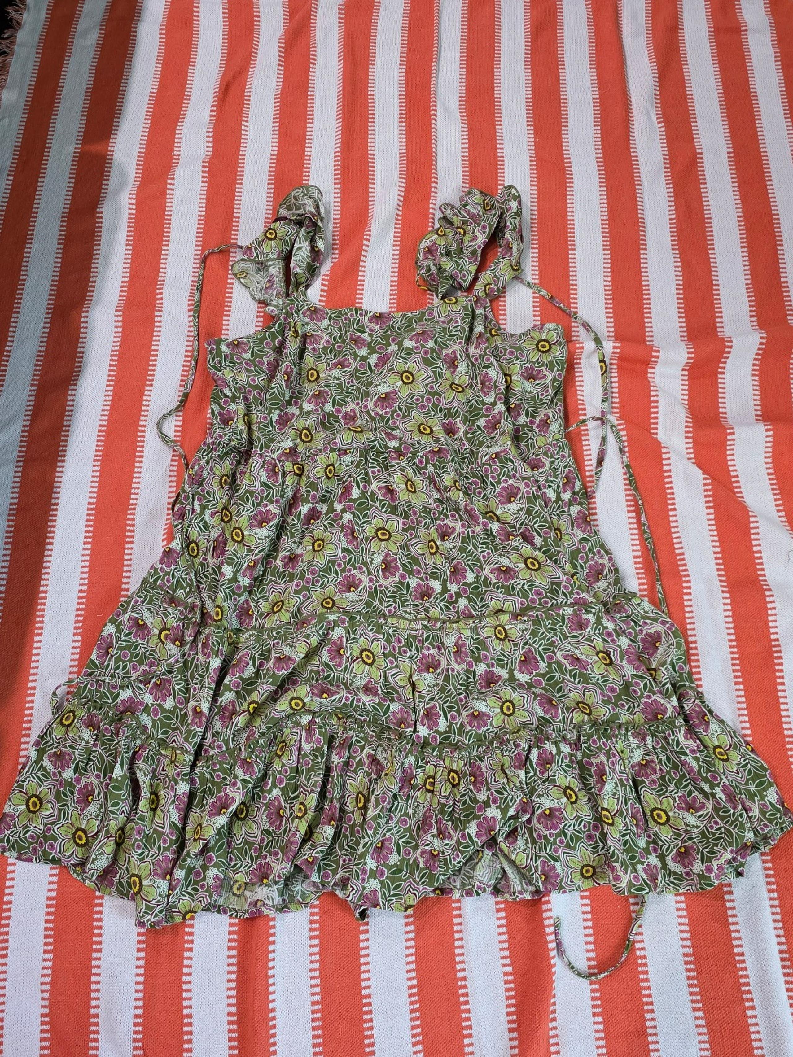 Floral Maurices Floral Open Tie Back Tiered Mini Dress Size XL Green Lined Layer