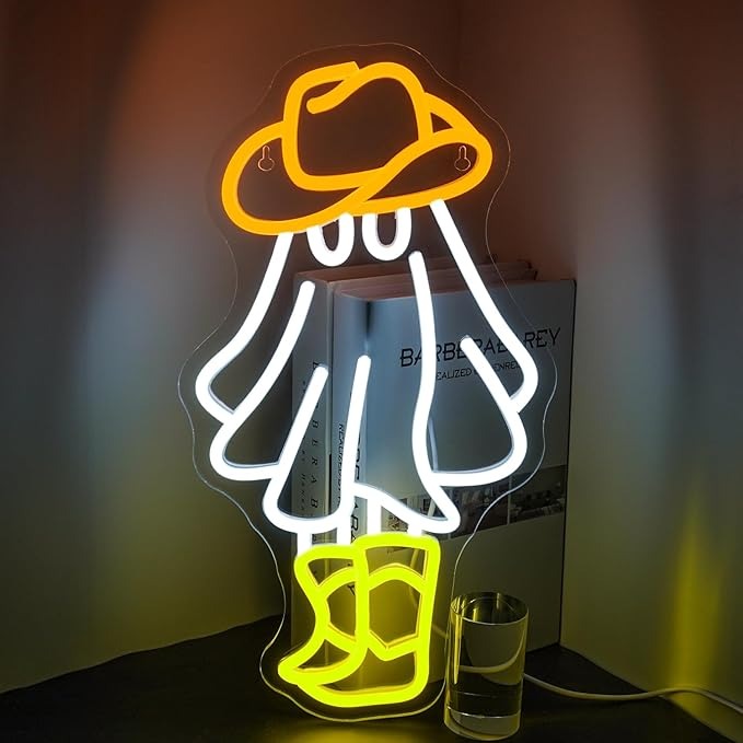 Cowboy Ghost Neon Sign,Cute Anime Neon Light,Dimmable Spooky Gothic Haunted Mans