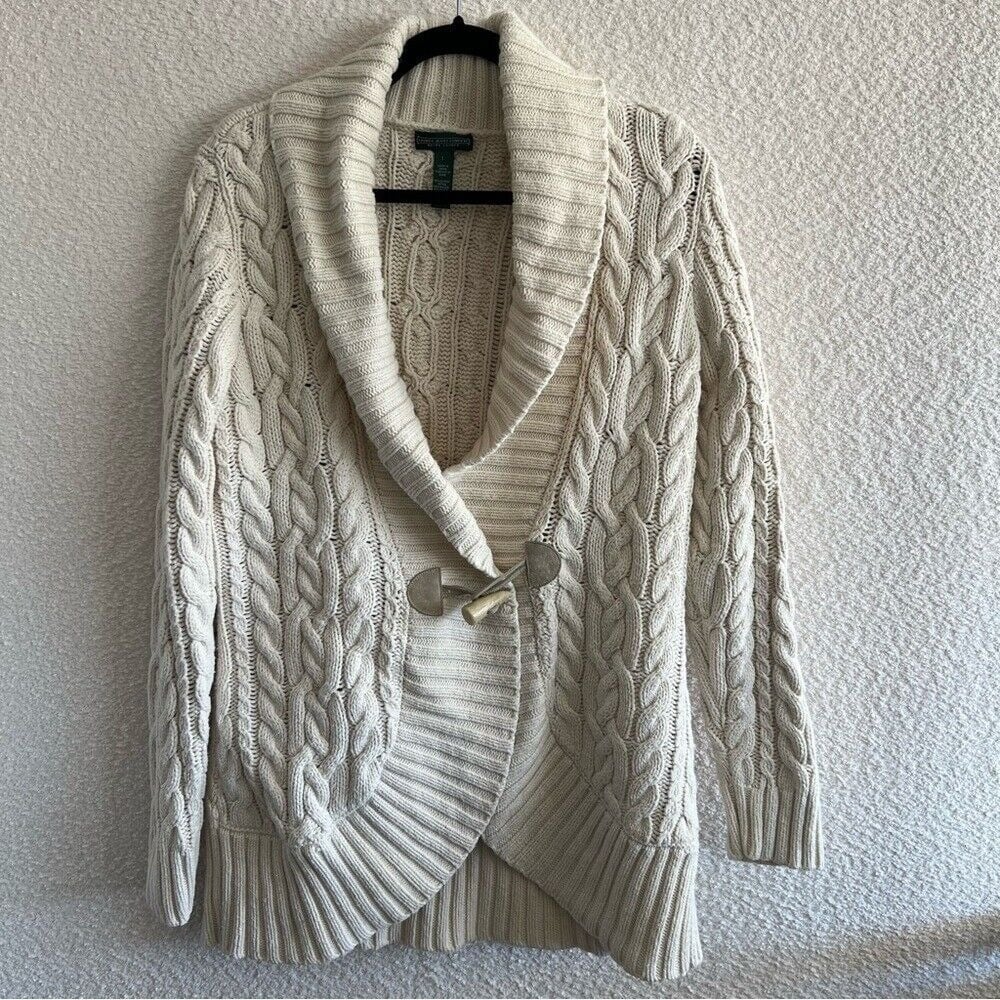 Ralph Lauren Vintage Chunky Cable Knit Unisex Cardigan Toggle Sweater Size Large