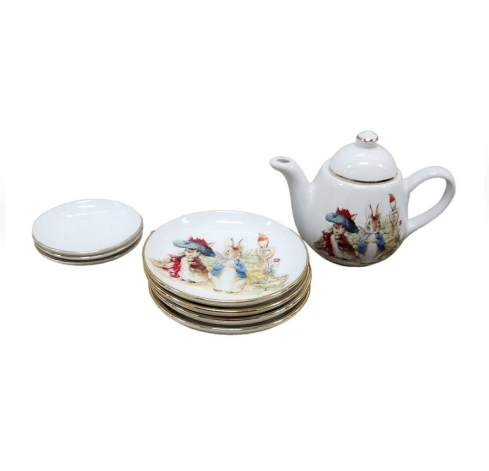 2003 Beatrix Potter Peter Rabbit Tea Set by Reutter for 4 24k Gold Accent
