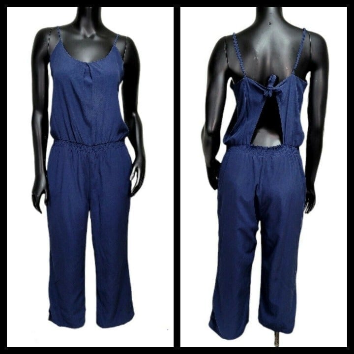 Joie Womens M Lundy Navy Wide Leg Crop Silk Jumpsuit Scoop Neck Cutout Tie Back