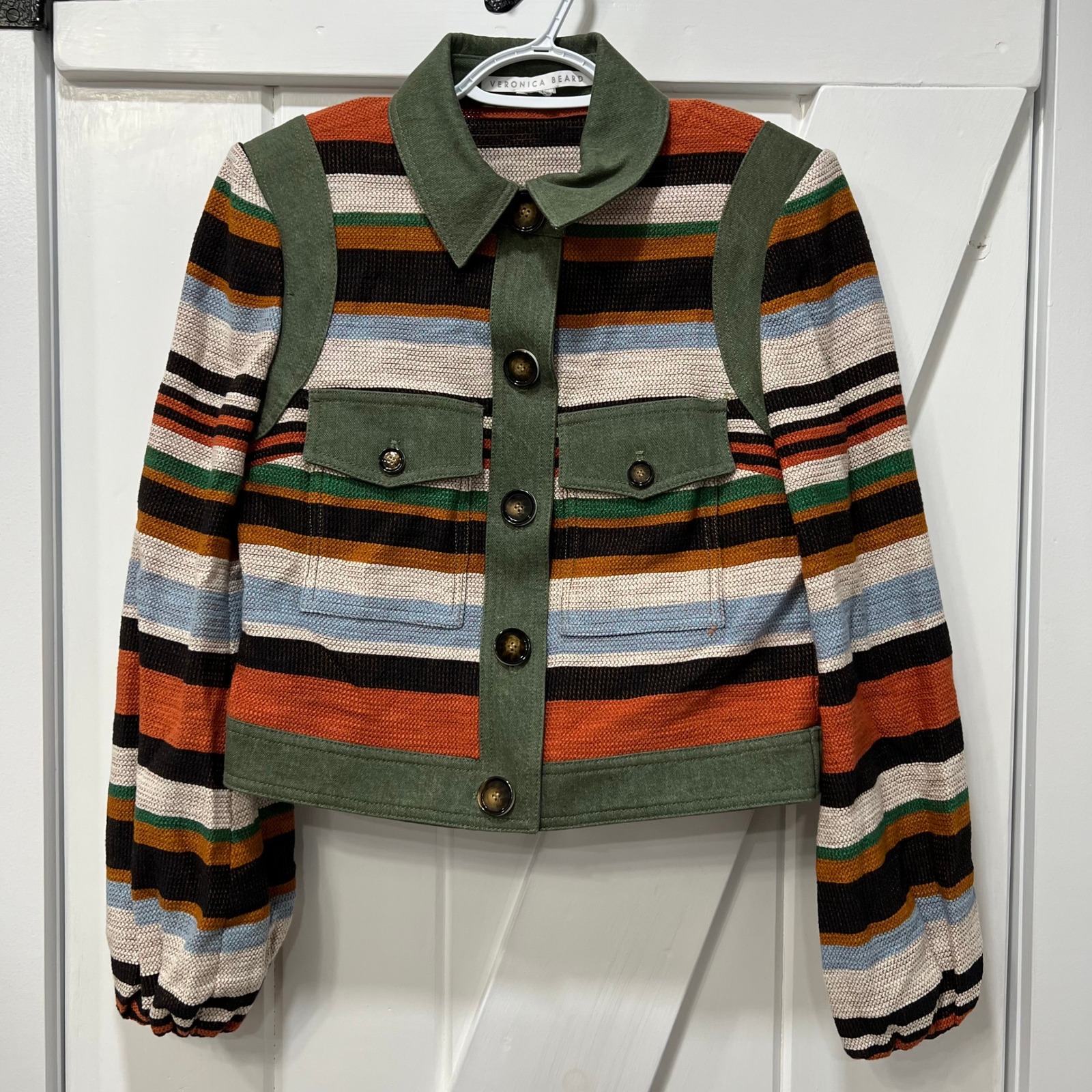 VERONICA BEARD Jacket LORELAI Small Green Stripe Bomber Puff Pocket Twill
