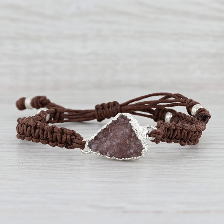 New Nina Wynn Brown Druzy Quartz Woven Cord Bracelet Adjustable 6-9