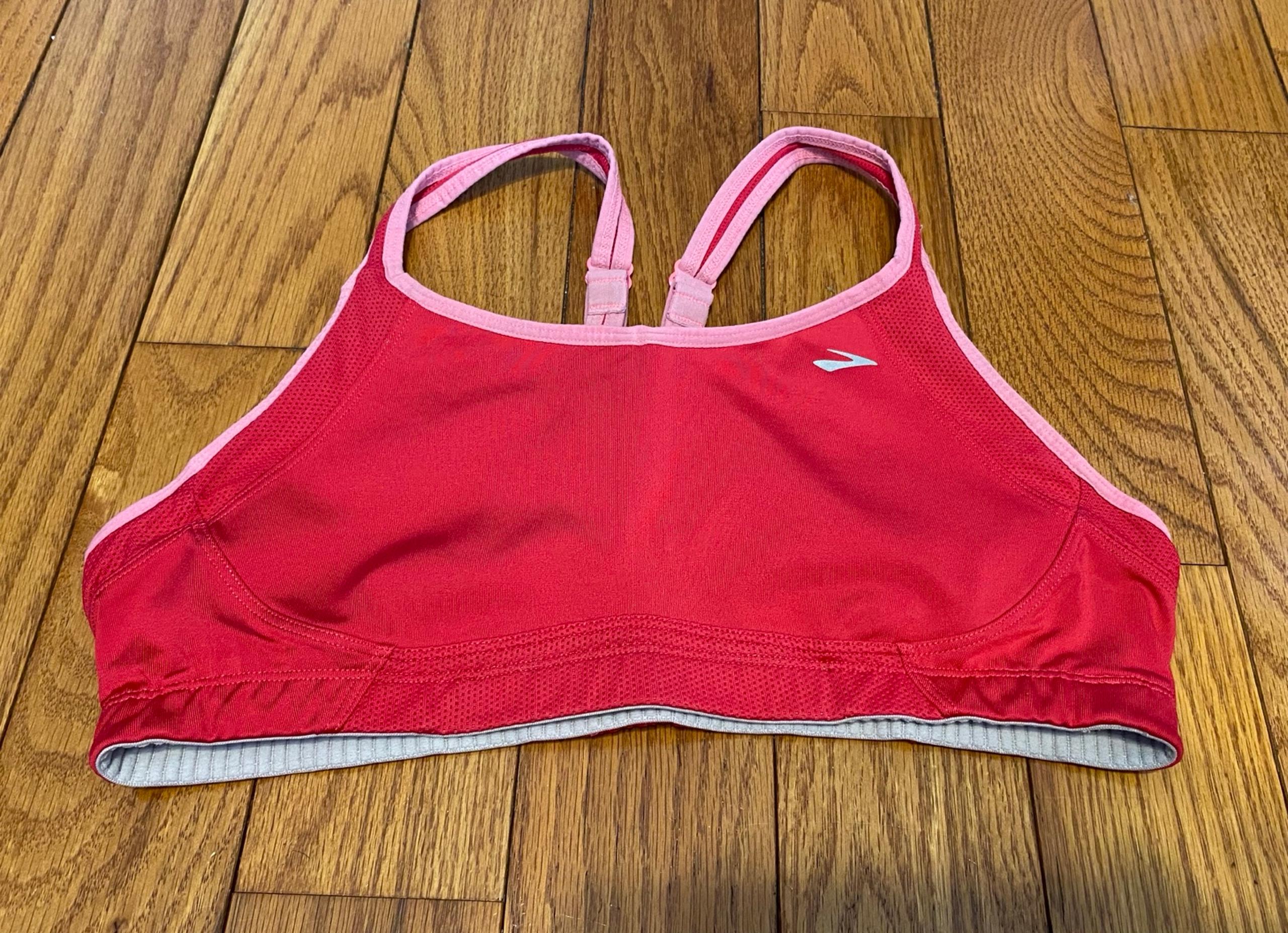 Women's Brooks Pink White Racer Back Adjustable Strap Sports Bra Size Large