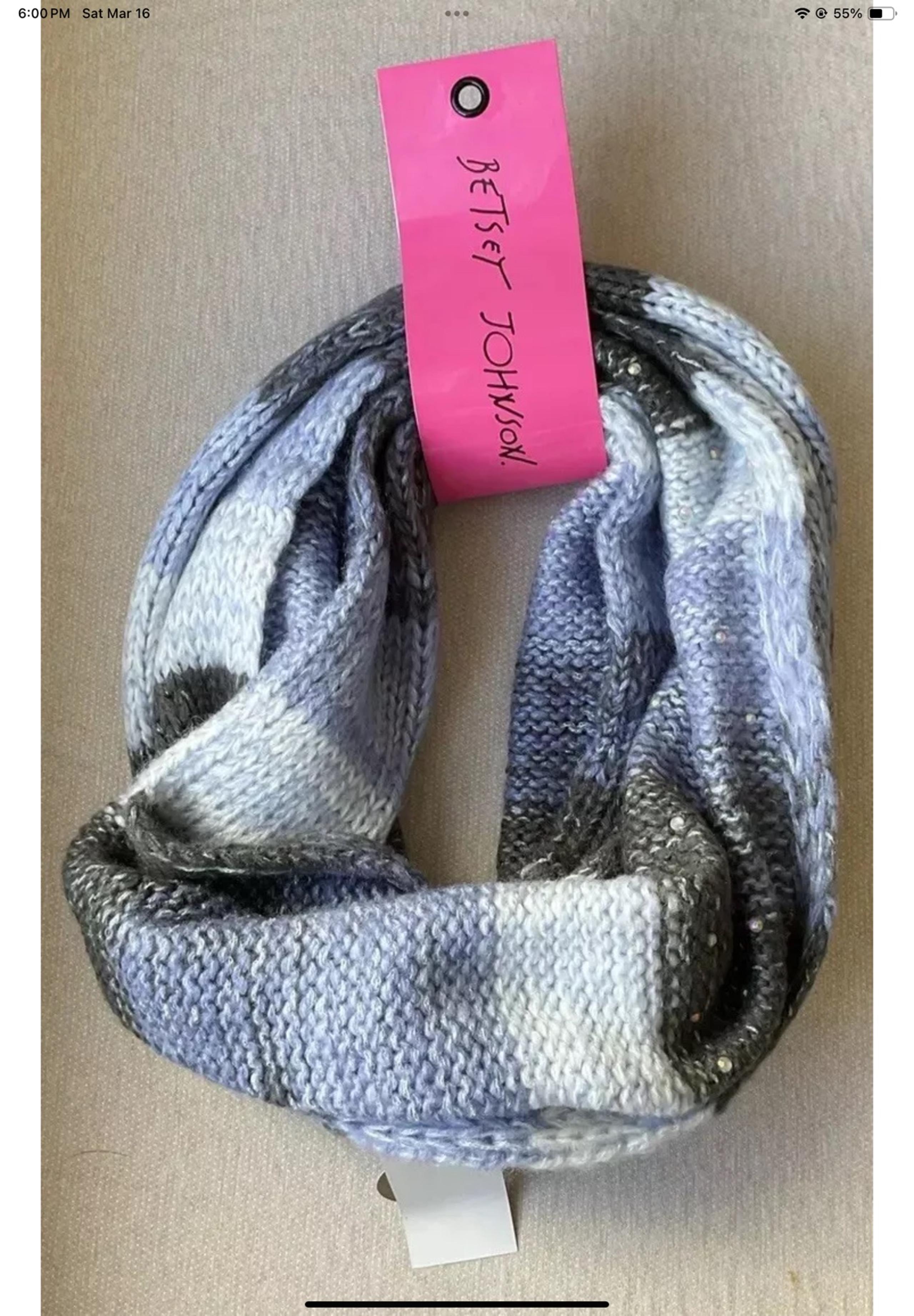 Betsey Johnson Infinity Long Circle Scarf Blue/Black Knit With Sparkle NEW