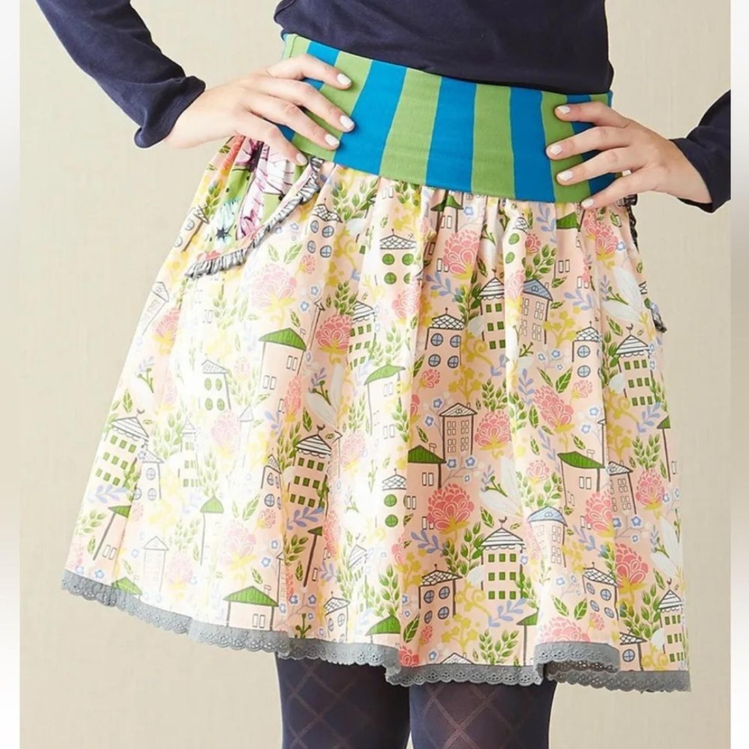 Matilda Jane Homeward Bound mixed print houses village A-line skirt pockets M