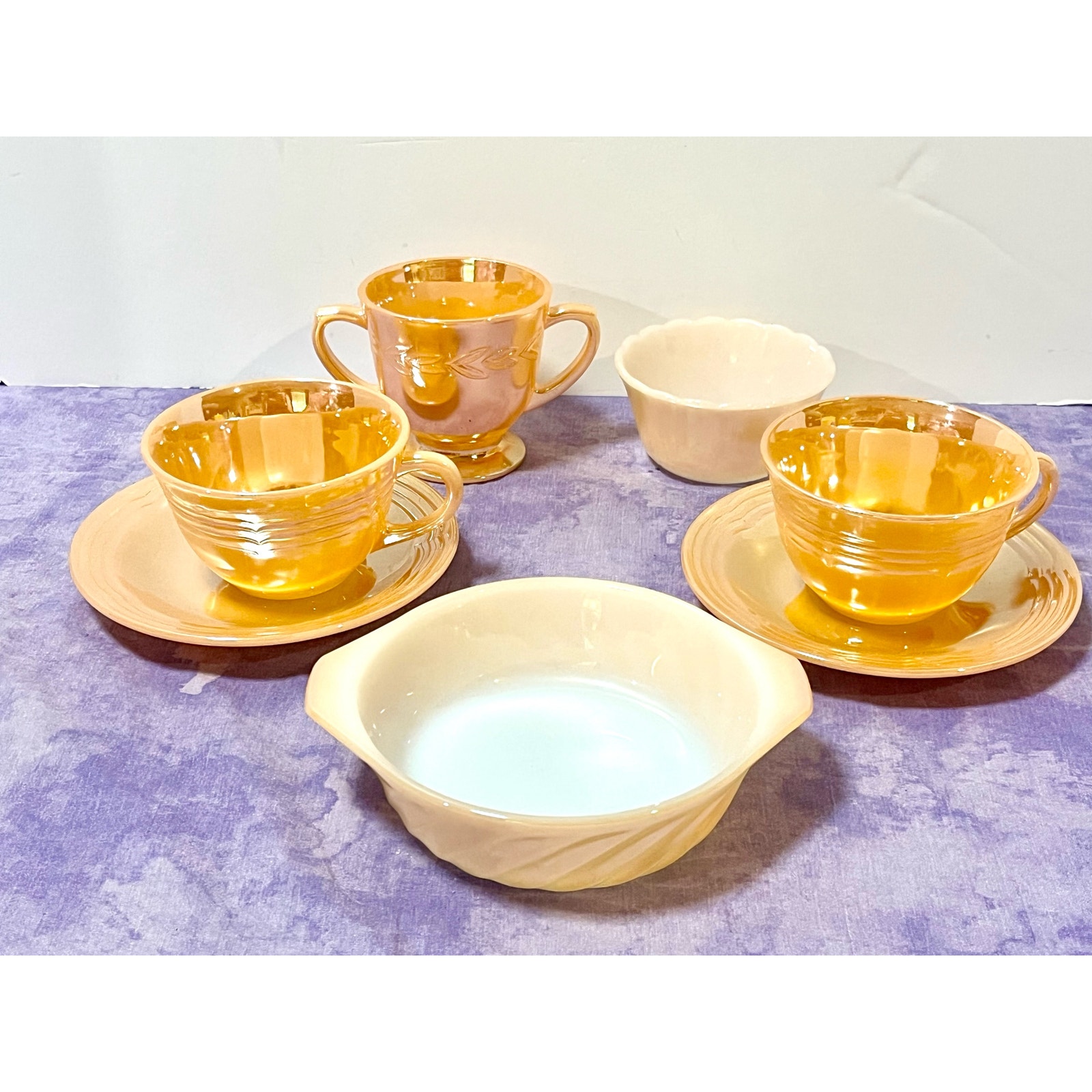 FIRE-KING Peach Lustre Orange Iridescent Cups & Saucers dishes sugar bowl dishes