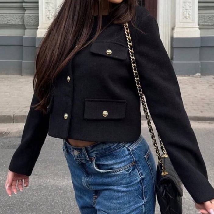 ZARA CROPPED FLAP BLAZER - BLACK ROUND COLLAR JACKET WITH