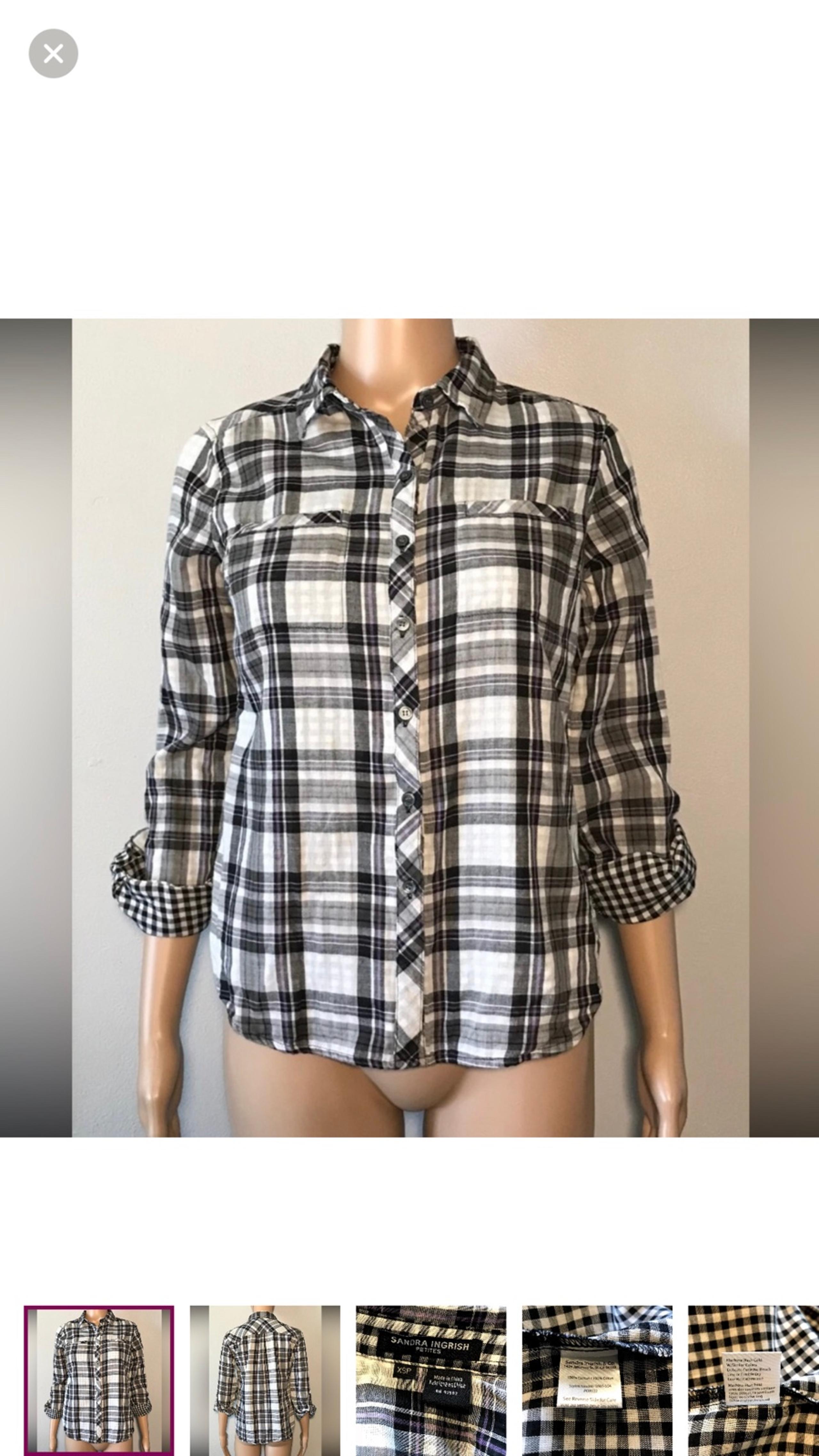 Sandra Ingrish Women's Shirt Size XSP Plaid Gingham Long Roll Tab Sleeve Cotton