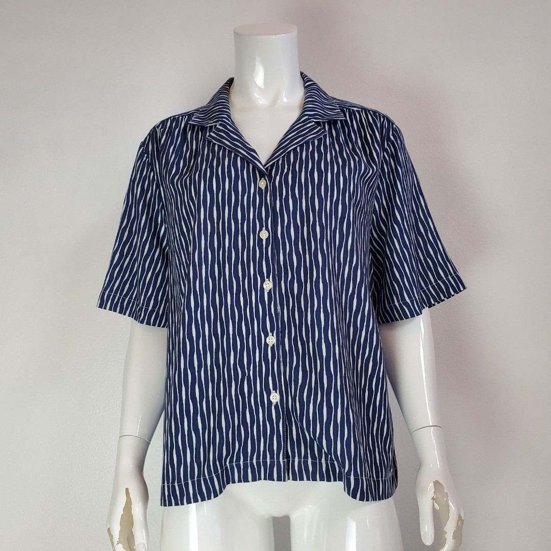 NWT Lands' End Navy Striped Button-Up Camp Shirt