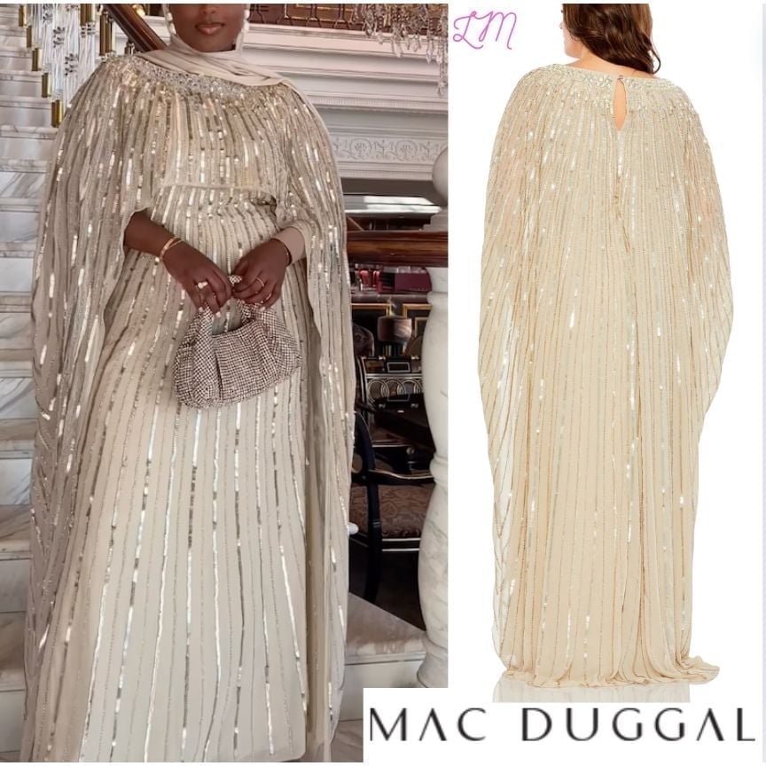 Mac Duggal Embellished Column Cape Gown Champagne Plus Size 14W
