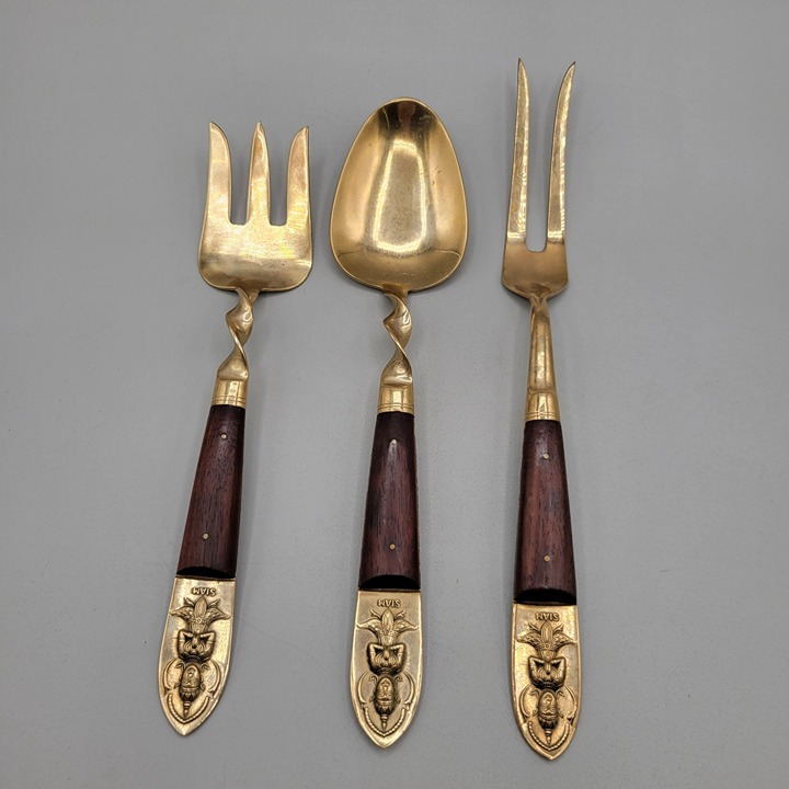Siam Rosewood and Brass Serving Utensils Twist Handle Three Pieces