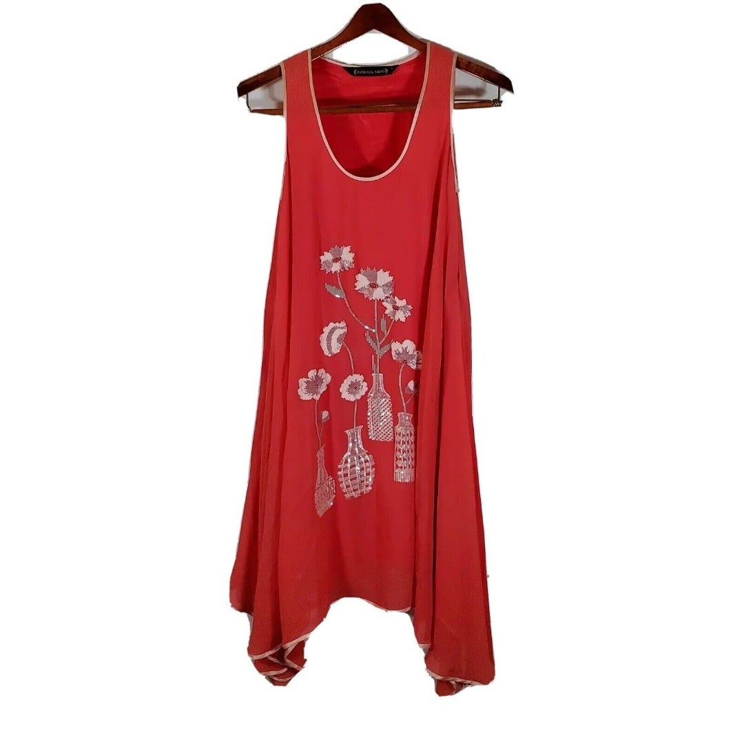 Anthropologie Pankaj Nidhi Summer Dress 10 Coral Reversable Sequin Applique